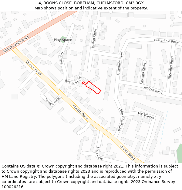 4, BOONS CLOSE, BOREHAM, CHELMSFORD, CM3 3GX: Location map and indicative extent of plot