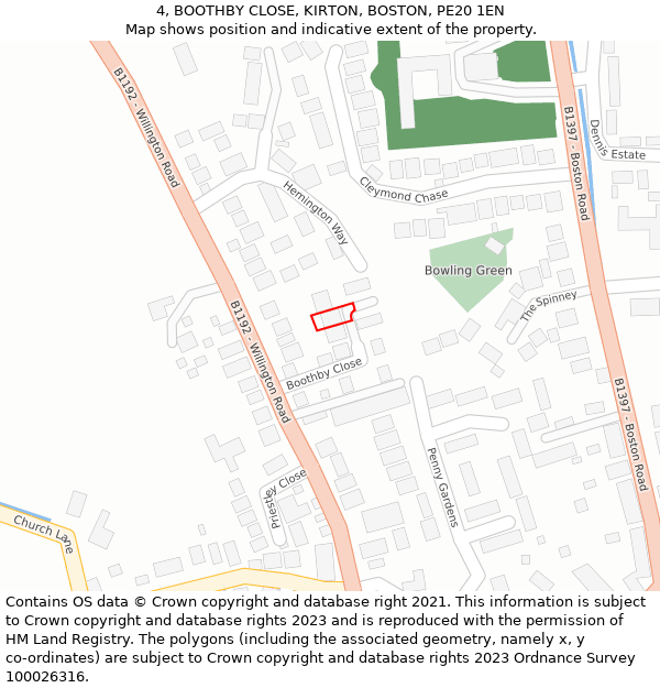 4, BOOTHBY CLOSE, KIRTON, BOSTON, PE20 1EN: Location map and indicative extent of plot