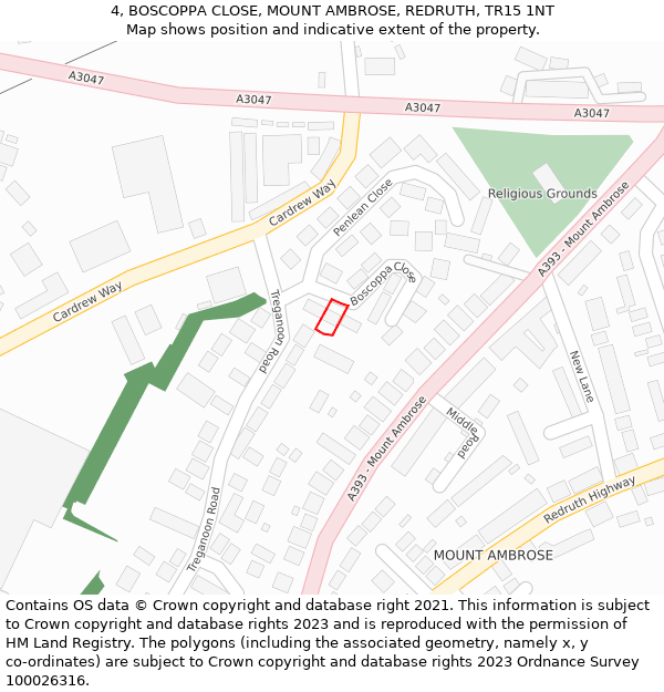 4, BOSCOPPA CLOSE, MOUNT AMBROSE, REDRUTH, TR15 1NT: Location map and indicative extent of plot