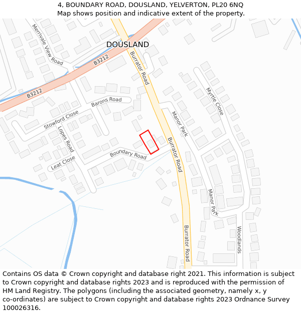 4, BOUNDARY ROAD, DOUSLAND, YELVERTON, PL20 6NQ: Location map and indicative extent of plot