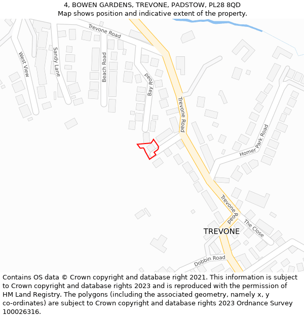 4, BOWEN GARDENS, TREVONE, PADSTOW, PL28 8QD: Location map and indicative extent of plot