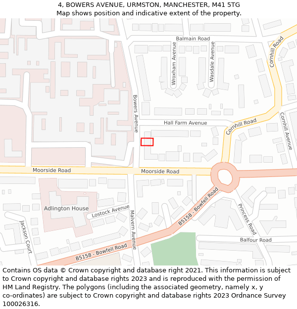 4, BOWERS AVENUE, URMSTON, MANCHESTER, M41 5TG: Location map and indicative extent of plot