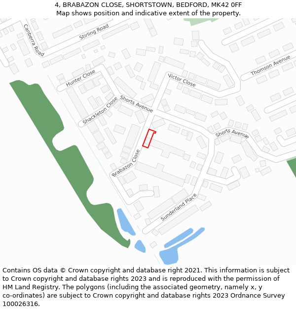 4, BRABAZON CLOSE, SHORTSTOWN, BEDFORD, MK42 0FF: Location map and indicative extent of plot