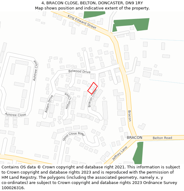 4, BRACON CLOSE, BELTON, DONCASTER, DN9 1RY: Location map and indicative extent of plot