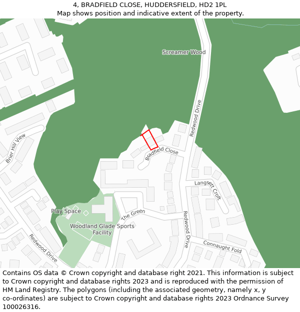 4, BRADFIELD CLOSE, HUDDERSFIELD, HD2 1PL: Location map and indicative extent of plot