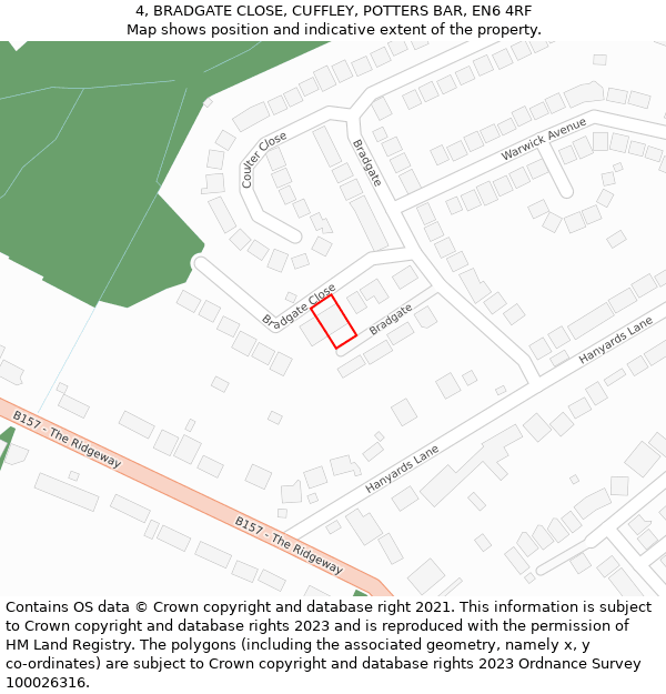 4, BRADGATE CLOSE, CUFFLEY, POTTERS BAR, EN6 4RF: Location map and indicative extent of plot