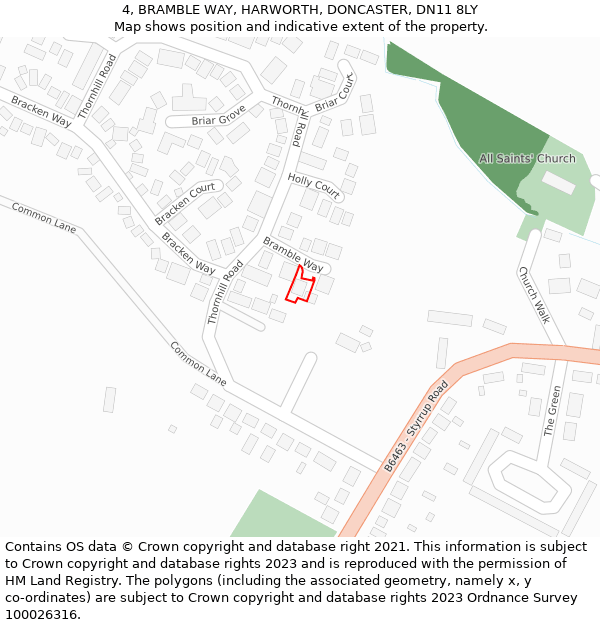 4, BRAMBLE WAY, HARWORTH, DONCASTER, DN11 8LY: Location map and indicative extent of plot