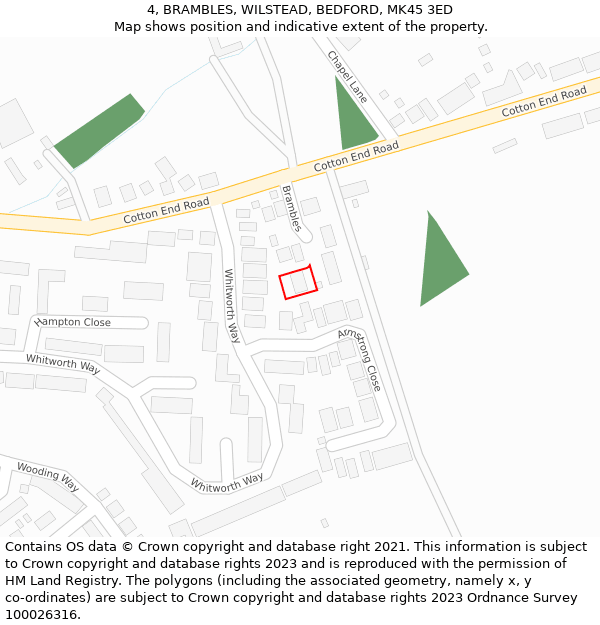 4, BRAMBLES, WILSTEAD, BEDFORD, MK45 3ED: Location map and indicative extent of plot