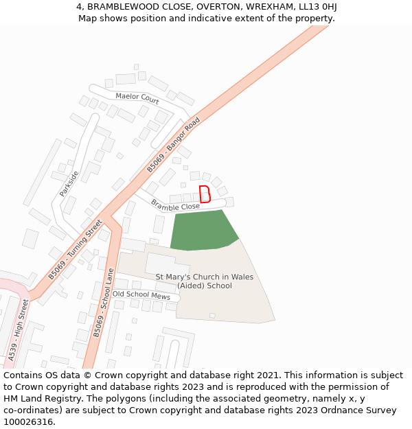 4, BRAMBLEWOOD CLOSE, OVERTON, WREXHAM, LL13 0HJ: Location map and indicative extent of plot