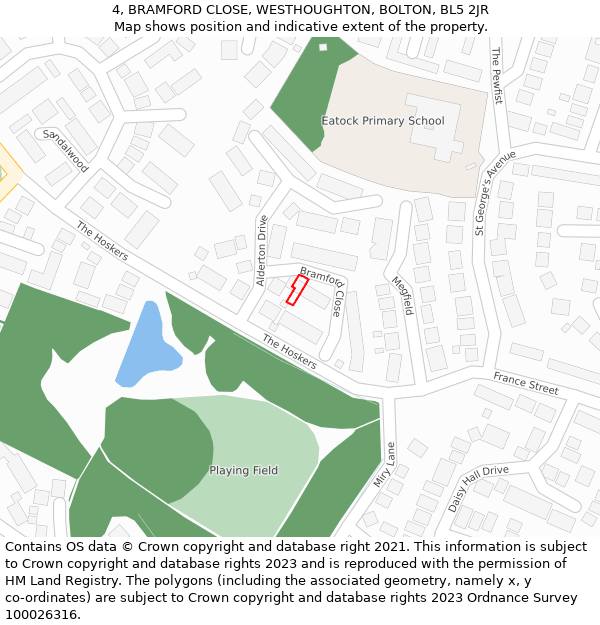 4, BRAMFORD CLOSE, WESTHOUGHTON, BOLTON, BL5 2JR: Location map and indicative extent of plot