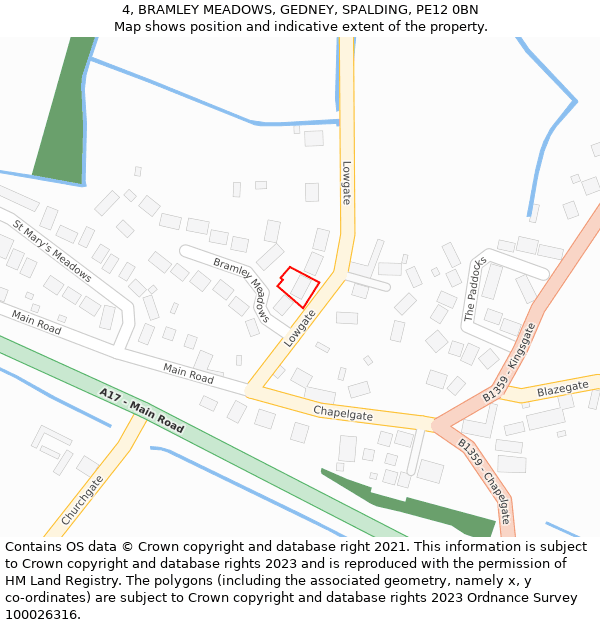 4, BRAMLEY MEADOWS, GEDNEY, SPALDING, PE12 0BN: Location map and indicative extent of plot