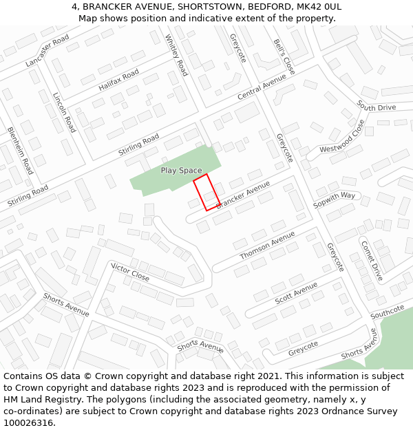 4, BRANCKER AVENUE, SHORTSTOWN, BEDFORD, MK42 0UL: Location map and indicative extent of plot