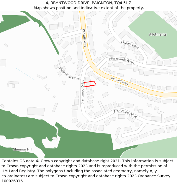 4, BRANTWOOD DRIVE, PAIGNTON, TQ4 5HZ: Location map and indicative extent of plot