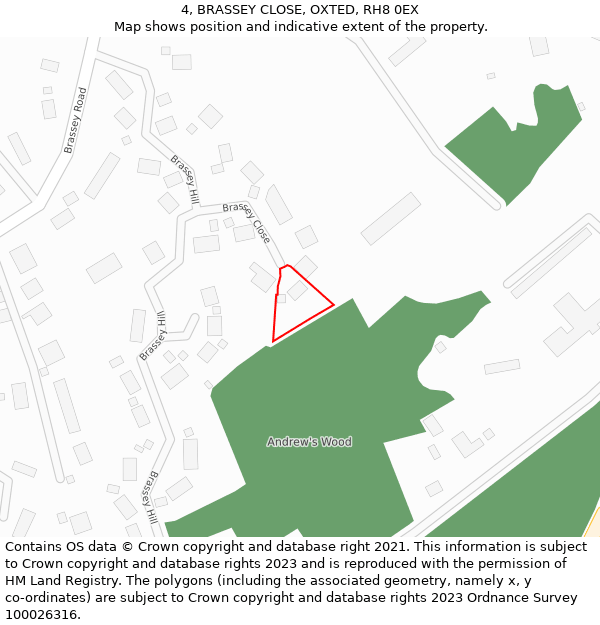 4, BRASSEY CLOSE, OXTED, RH8 0EX: Location map and indicative extent of plot