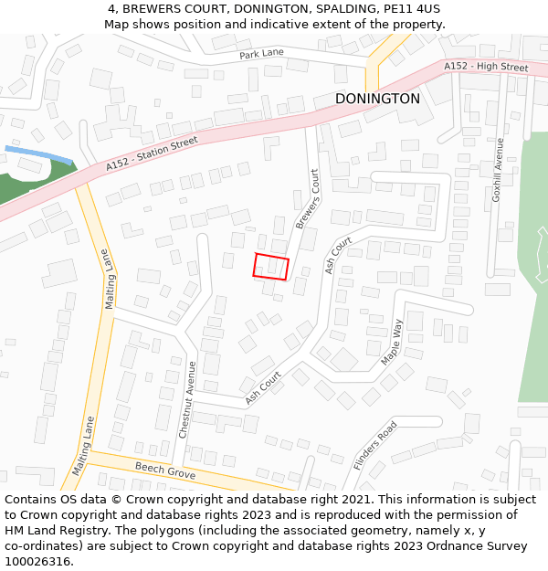 4, BREWERS COURT, DONINGTON, SPALDING, PE11 4US: Location map and indicative extent of plot