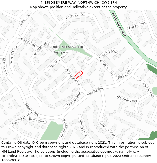 4, BRIDGEMERE WAY, NORTHWICH, CW9 8FN: Location map and indicative extent of plot