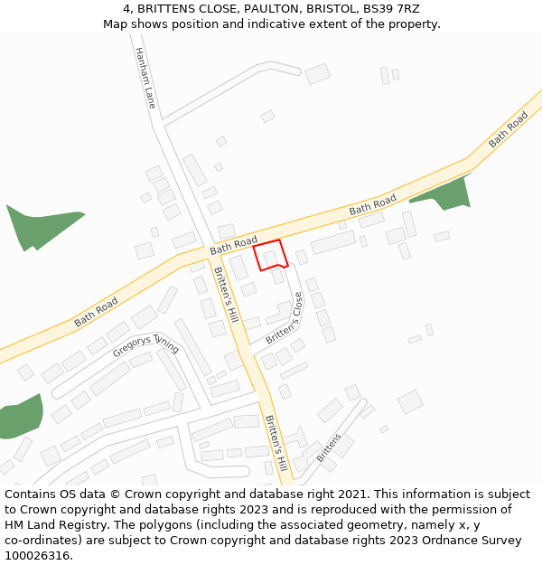 4, BRITTENS CLOSE, PAULTON, BRISTOL, BS39 7RZ: Location map and indicative extent of plot