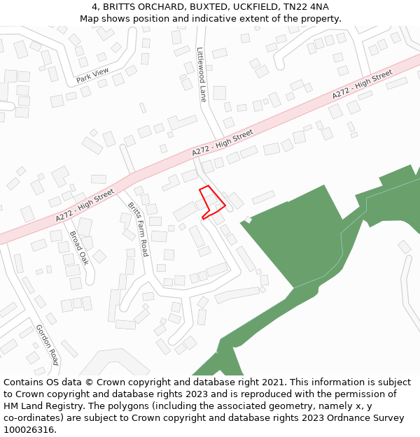 4, BRITTS ORCHARD, BUXTED, UCKFIELD, TN22 4NA: Location map and indicative extent of plot