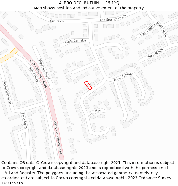 4, BRO DEG, RUTHIN, LL15 1YQ: Location map and indicative extent of plot