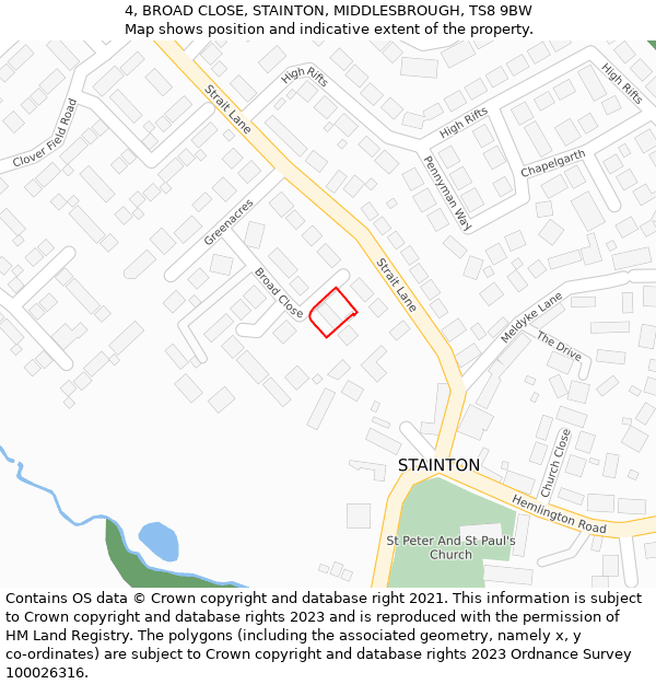 4, BROAD CLOSE, STAINTON, MIDDLESBROUGH, TS8 9BW: Location map and indicative extent of plot