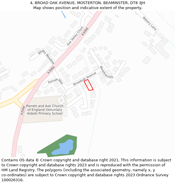 4, BROAD OAK AVENUE, MOSTERTON, BEAMINSTER, DT8 3JH: Location map and indicative extent of plot