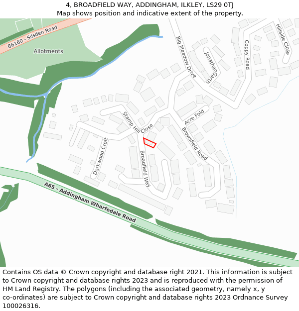 4, BROADFIELD WAY, ADDINGHAM, ILKLEY, LS29 0TJ: Location map and indicative extent of plot