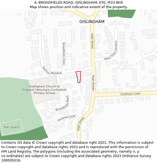 4, BROADFIELDS ROAD, GISLINGHAM, EYE, IP23 8HX: Location map and indicative extent of plot