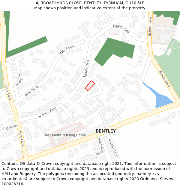 4, BROADLANDS CLOSE, BENTLEY, FARNHAM, GU10 5LE: Location map and indicative extent of plot