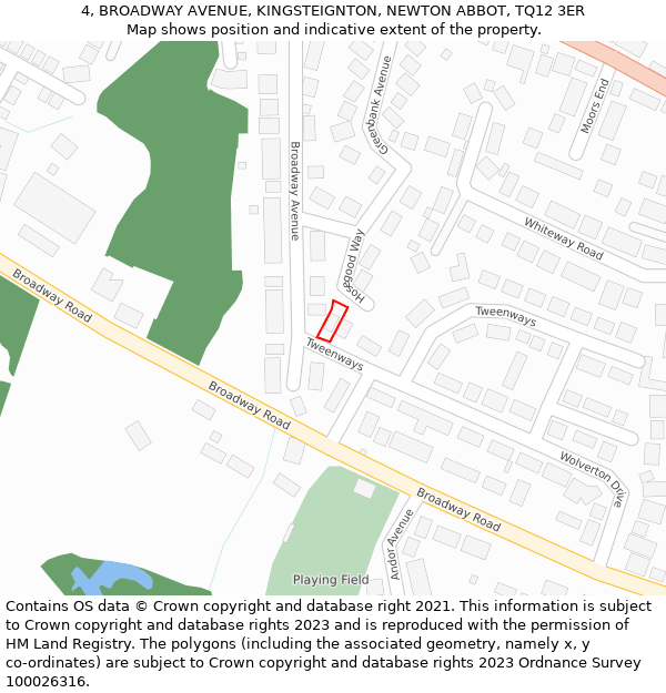 4, BROADWAY AVENUE, KINGSTEIGNTON, NEWTON ABBOT, TQ12 3ER: Location map and indicative extent of plot