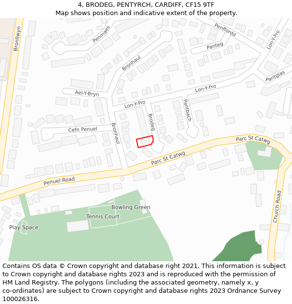 4, BRODEG, PENTYRCH, CARDIFF, CF15 9TF: Location map and indicative extent of plot