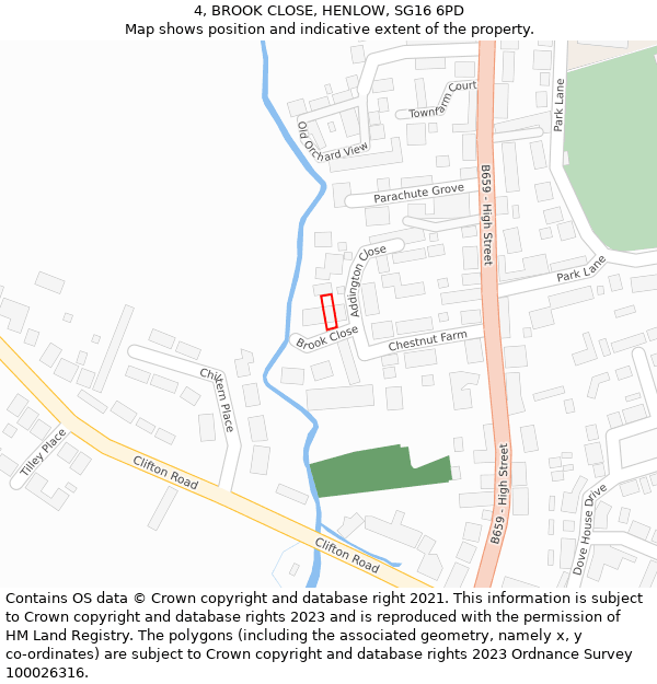 4, BROOK CLOSE, HENLOW, SG16 6PD: Location map and indicative extent of plot