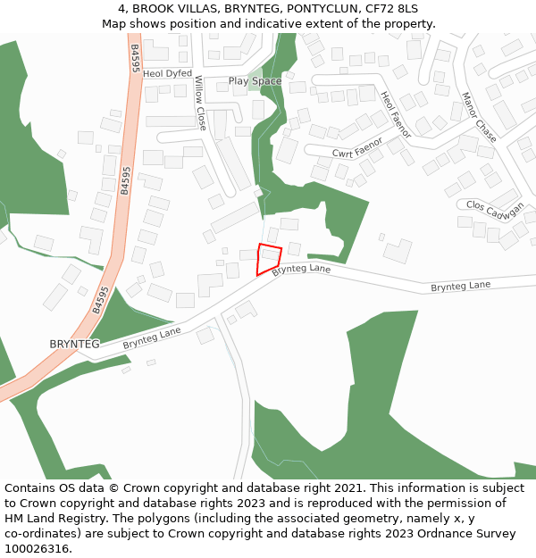 4, BROOK VILLAS, BRYNTEG, PONTYCLUN, CF72 8LS: Location map and indicative extent of plot