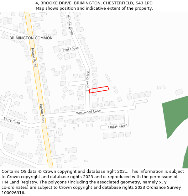 4, BROOKE DRIVE, BRIMINGTON, CHESTERFIELD, S43 1PD: Location map and indicative extent of plot