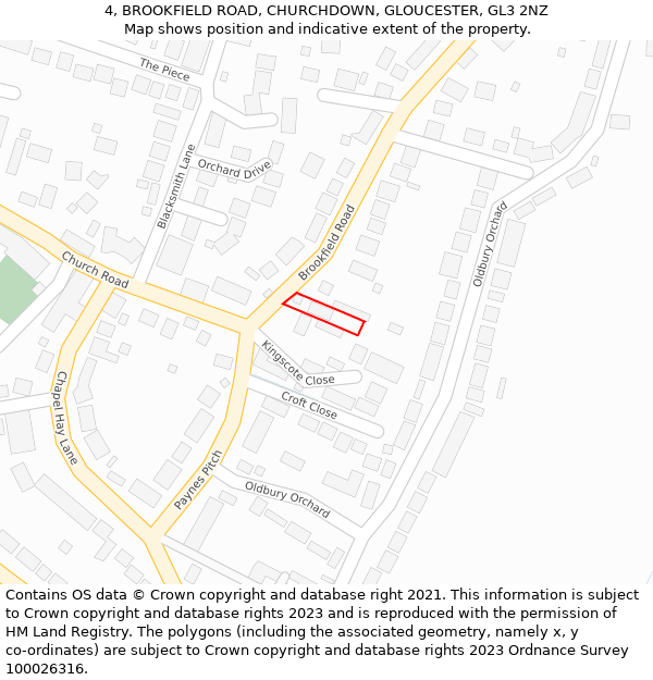 4, BROOKFIELD ROAD, CHURCHDOWN, GLOUCESTER, GL3 2NZ: Location map and indicative extent of plot