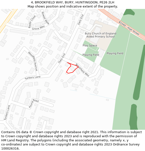 4, BROOKFIELD WAY, BURY, HUNTINGDON, PE26 2LH: Location map and indicative extent of plot