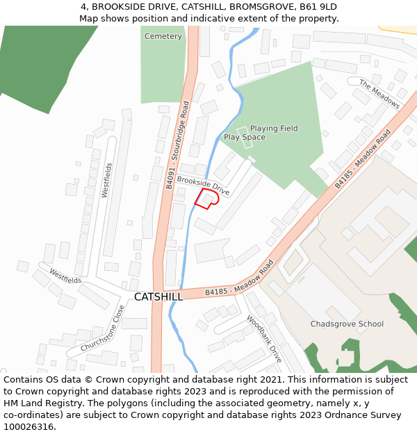 4, BROOKSIDE DRIVE, CATSHILL, BROMSGROVE, B61 9LD: Location map and indicative extent of plot