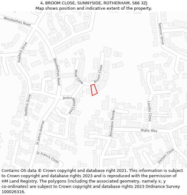 4, BROOM CLOSE, SUNNYSIDE, ROTHERHAM, S66 3ZJ: Location map and indicative extent of plot