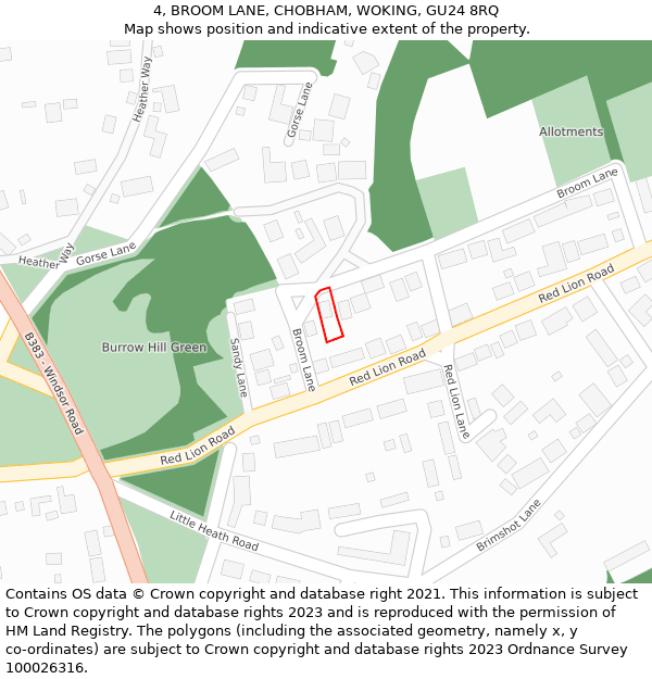 4, BROOM LANE, CHOBHAM, WOKING, GU24 8RQ: Location map and indicative extent of plot