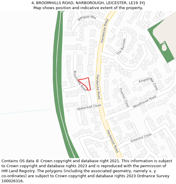 4, BROOMHILLS ROAD, NARBOROUGH, LEICESTER, LE19 3YJ: Location map and indicative extent of plot