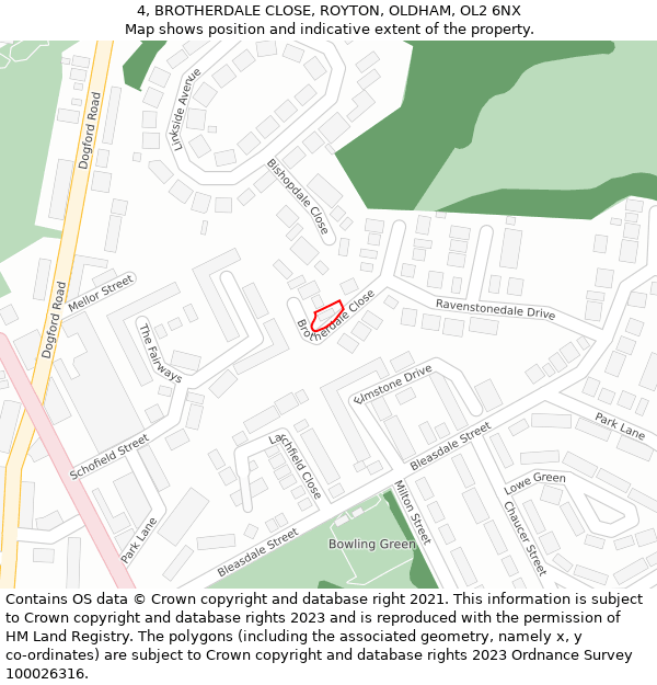 4, BROTHERDALE CLOSE, ROYTON, OLDHAM, OL2 6NX: Location map and indicative extent of plot