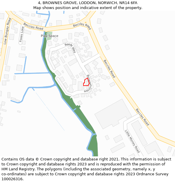 4, BROWNES GROVE, LODDON, NORWICH, NR14 6FA: Location map and indicative extent of plot