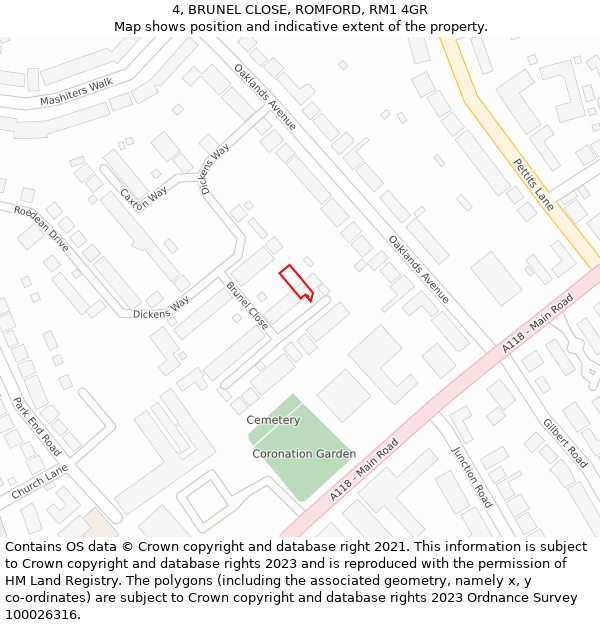 4, BRUNEL CLOSE, ROMFORD, RM1 4GR: Location map and indicative extent of plot