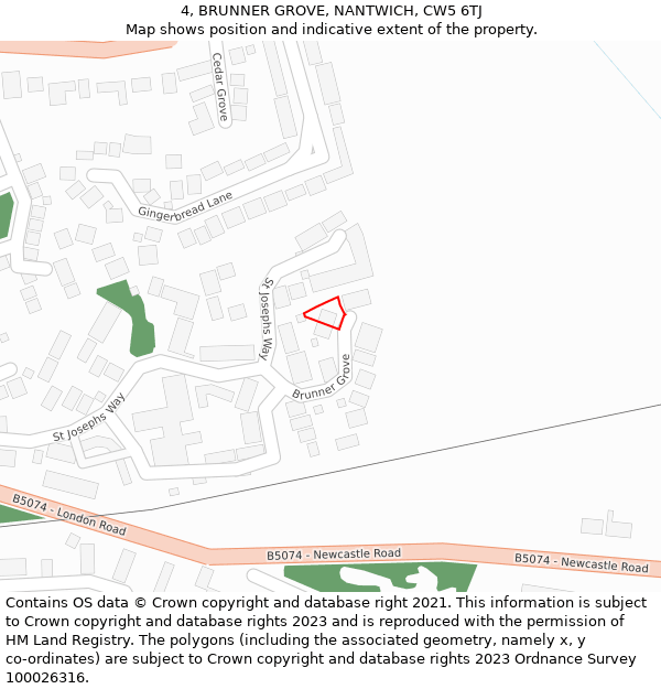 4, BRUNNER GROVE, NANTWICH, CW5 6TJ: Location map and indicative extent of plot