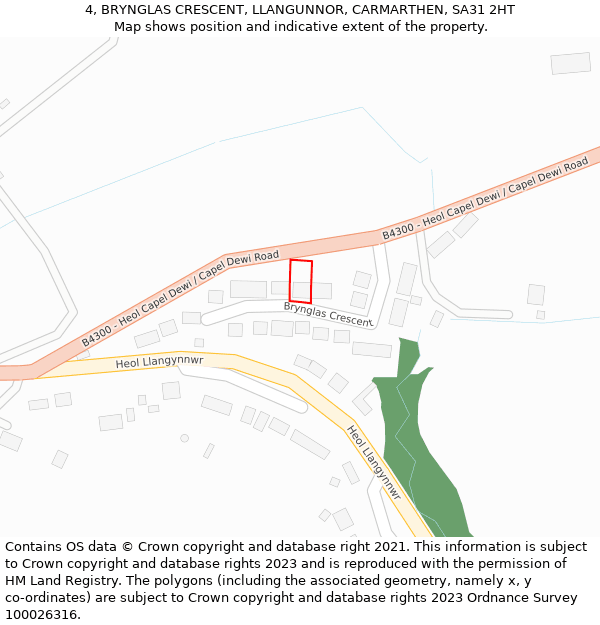 4, BRYNGLAS CRESCENT, LLANGUNNOR, CARMARTHEN, SA31 2HT: Location map and indicative extent of plot