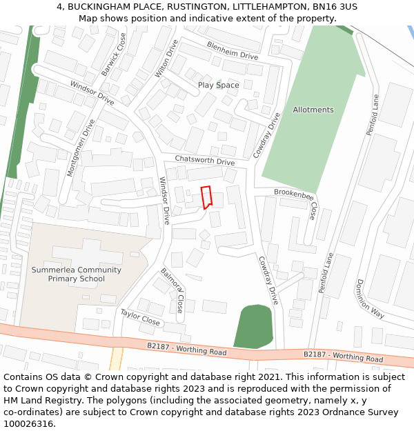 4, BUCKINGHAM PLACE, RUSTINGTON, LITTLEHAMPTON, BN16 3US: Location map and indicative extent of plot