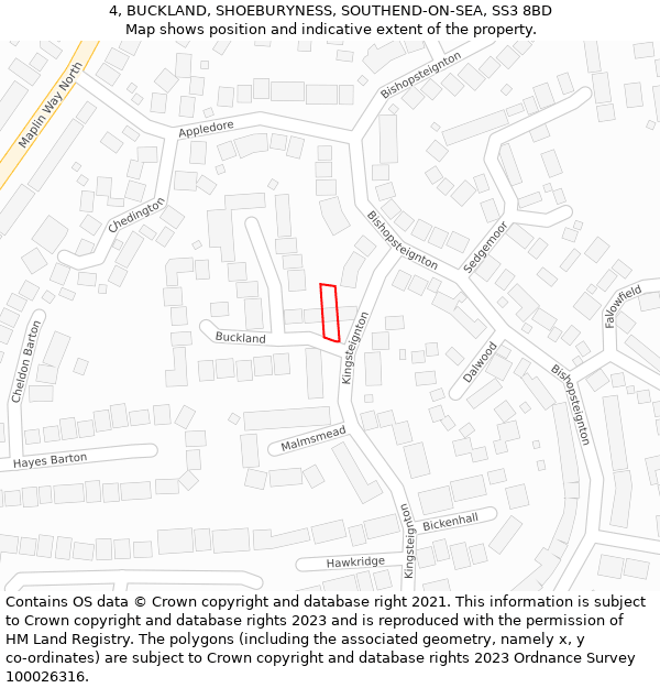 4, BUCKLAND, SHOEBURYNESS, SOUTHEND-ON-SEA, SS3 8BD: Location map and indicative extent of plot