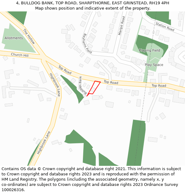 4, BULLDOG BANK, TOP ROAD, SHARPTHORNE, EAST GRINSTEAD, RH19 4PH: Location map and indicative extent of plot