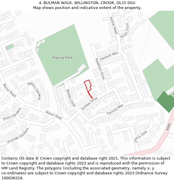 4, BULMAN WALK, WILLINGTON, CROOK, DL15 0GU: Location map and indicative extent of plot