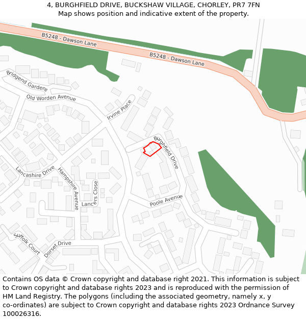 4, BURGHFIELD DRIVE, BUCKSHAW VILLAGE, CHORLEY, PR7 7FN: Location map and indicative extent of plot