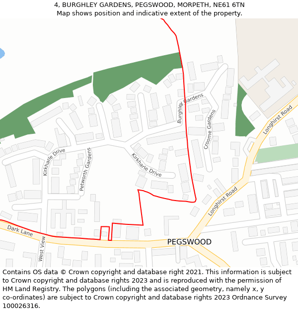 4, BURGHLEY GARDENS, PEGSWOOD, MORPETH, NE61 6TN: Location map and indicative extent of plot